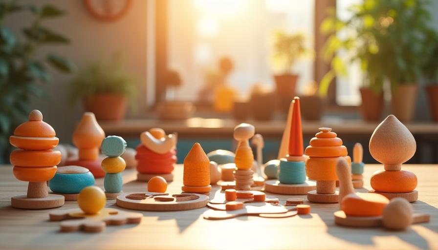 Whimsical wooden toys arranged on a table with warm lighting