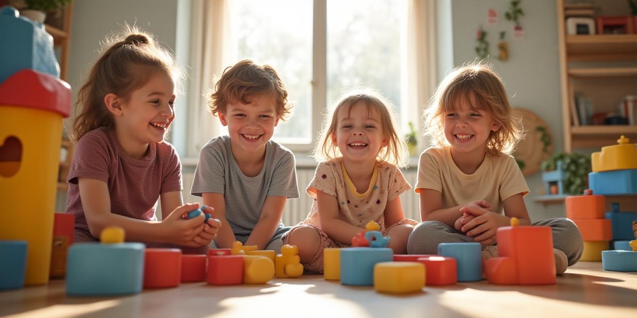 Children playing with colorful STEM toys and outdoor equipment in a vibrant setting